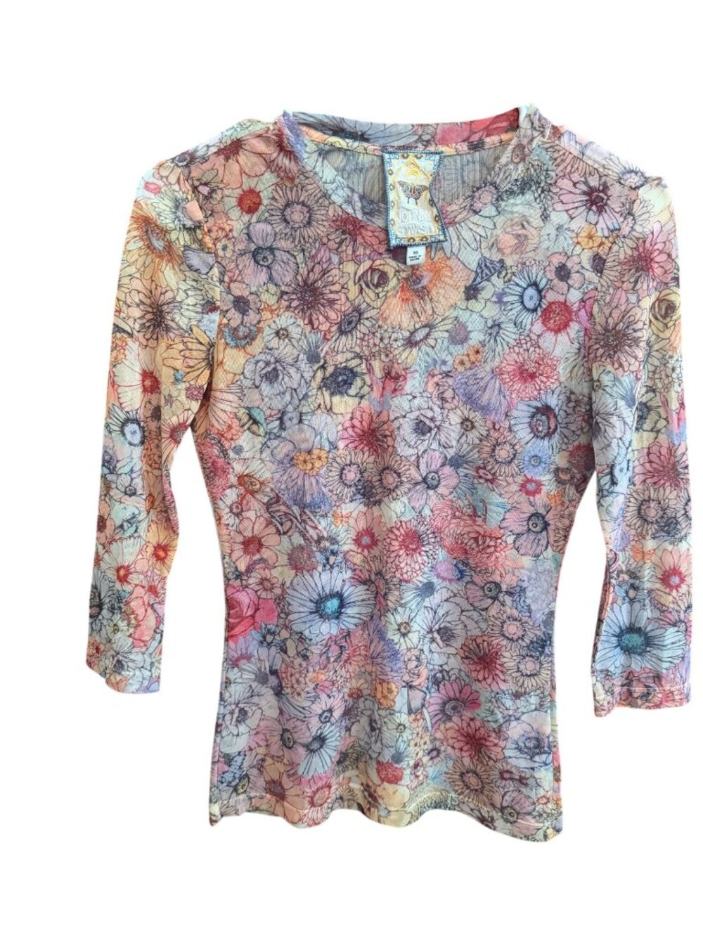 Johnny Was Natalie XS Floral Mesh Top 3/4 Sleeve Multicolor Lightweight Stretchy